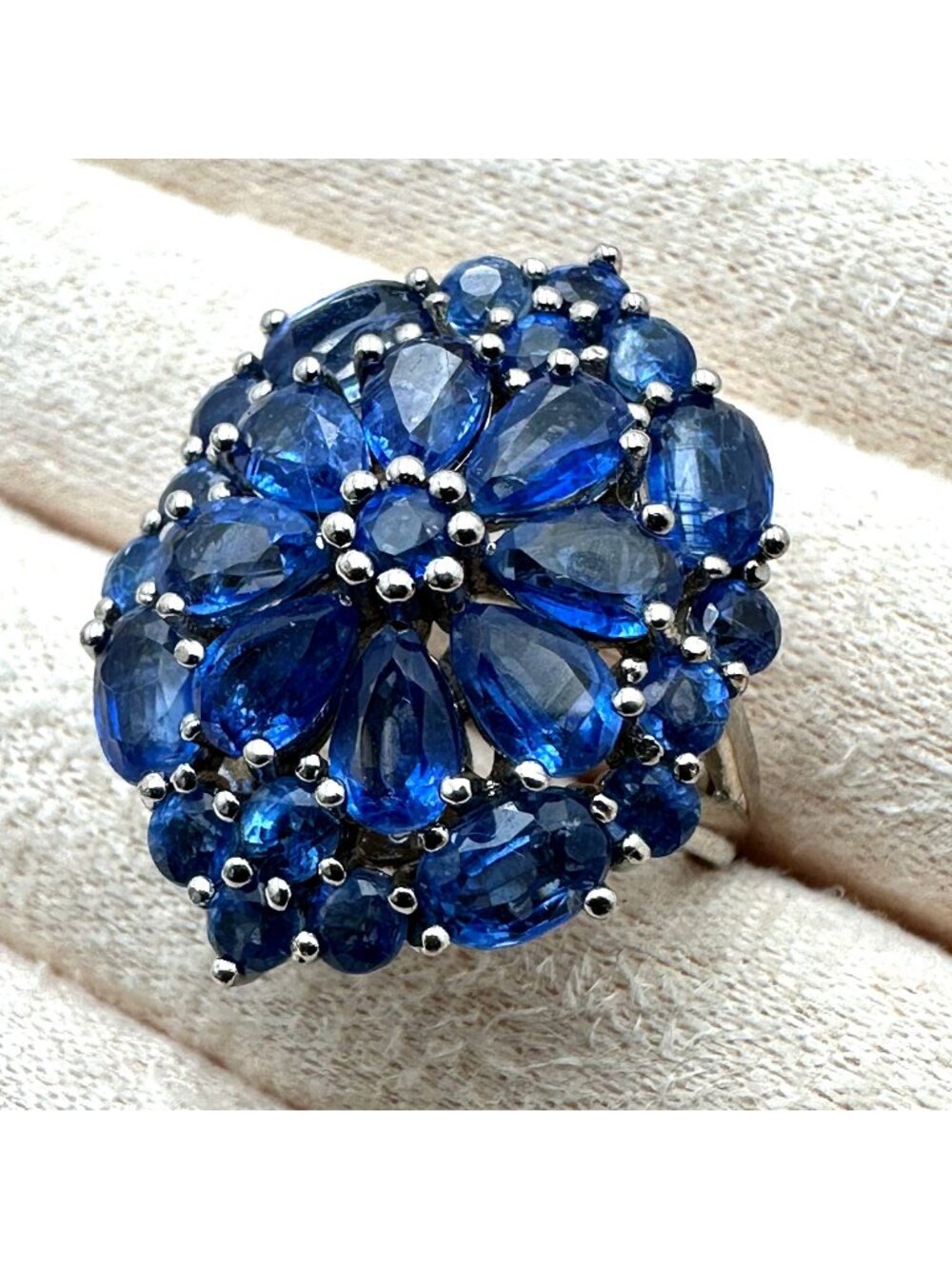 Blue Sapphire Ring Cluster Statement Sterling Silver Size 8 Signed BBJ